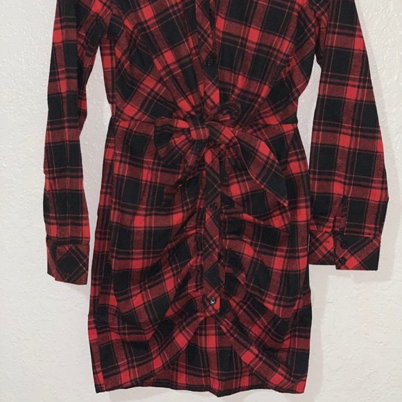 NEW Checked Tie Front Shirt Dress - Picture 2 of 4